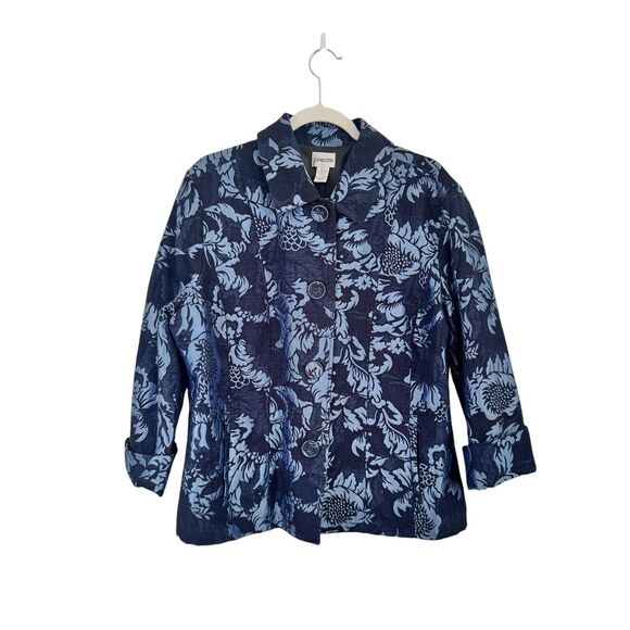 Chicos Blue Floral Embroidered Blazer Jacket Office Boho Preppy Womens 3 US XL - Picture 1 of 5